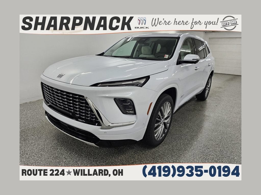 2026 Buick Enclave Avenir in Iridescent White Tricoat — front three-quarter view