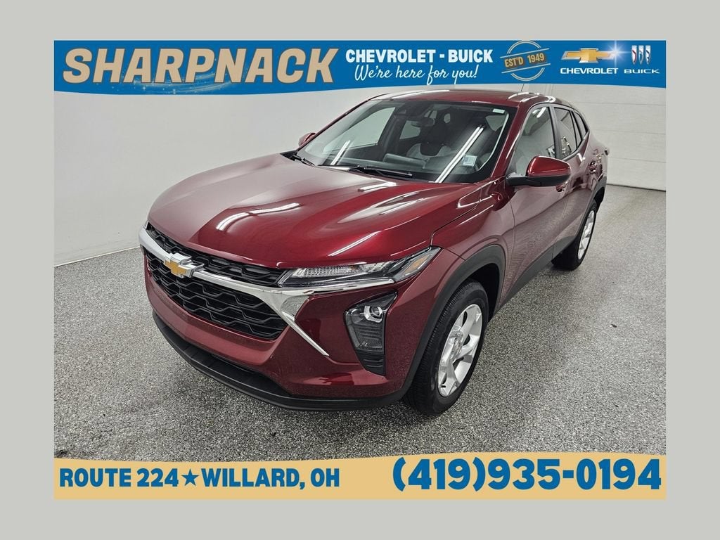 2024 Chevrolet Trax LS in Crimson Metallic — front three-quarter view