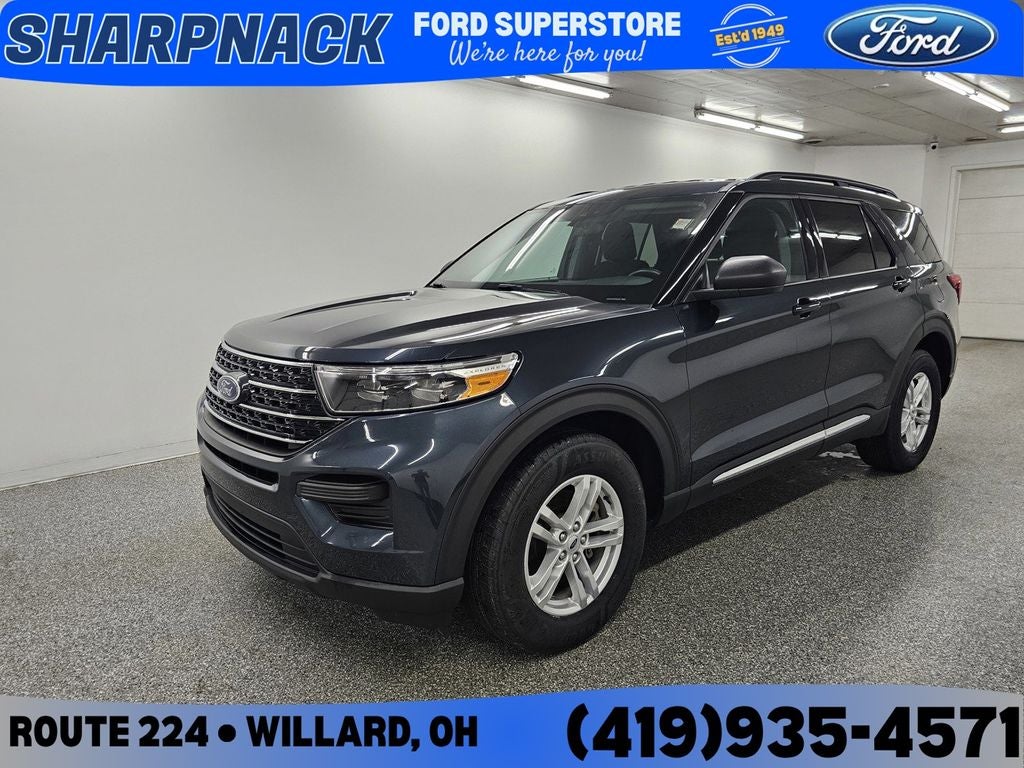 2023 Ford Explorer XLT in Blue Metallic — front three-quarter view