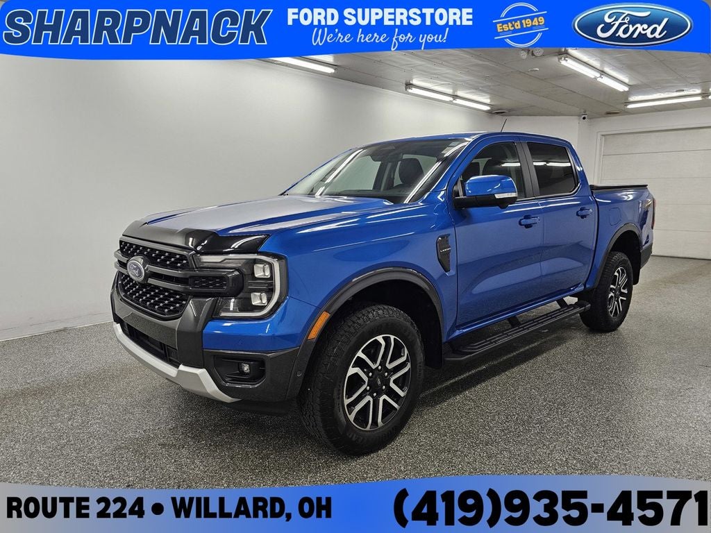 2024 Ford Ranger Lariat in Velocity Blue Metallic — front three-quarter view